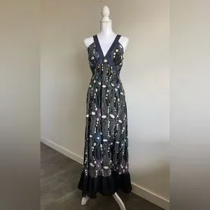 Gracie Dresses | Nwt Silk Floral Black Dress | Color: Black/Blue | Size: L | Pm-70146604's Closet